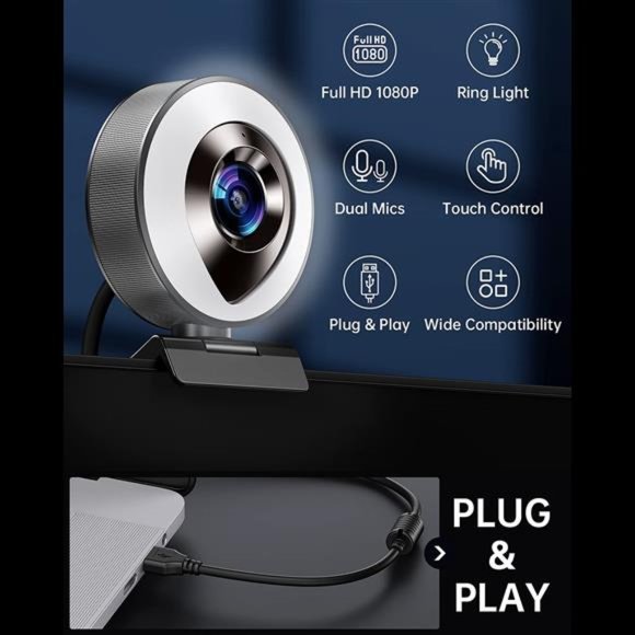 HD 1080P Webcam with Microphone and Ring Light Plug and Play Computer Camera NEW - Picture 2 of 3